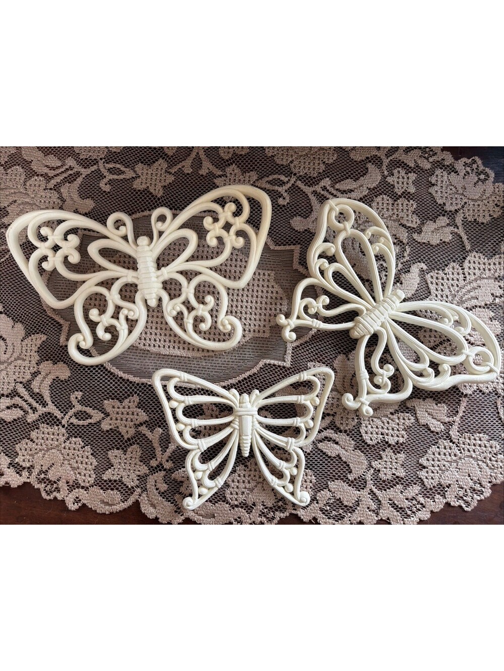 Vtg Homco White Butterfly Wall Plaques Set Of 3 7537 Faux Wicker MCM Boho 70s
